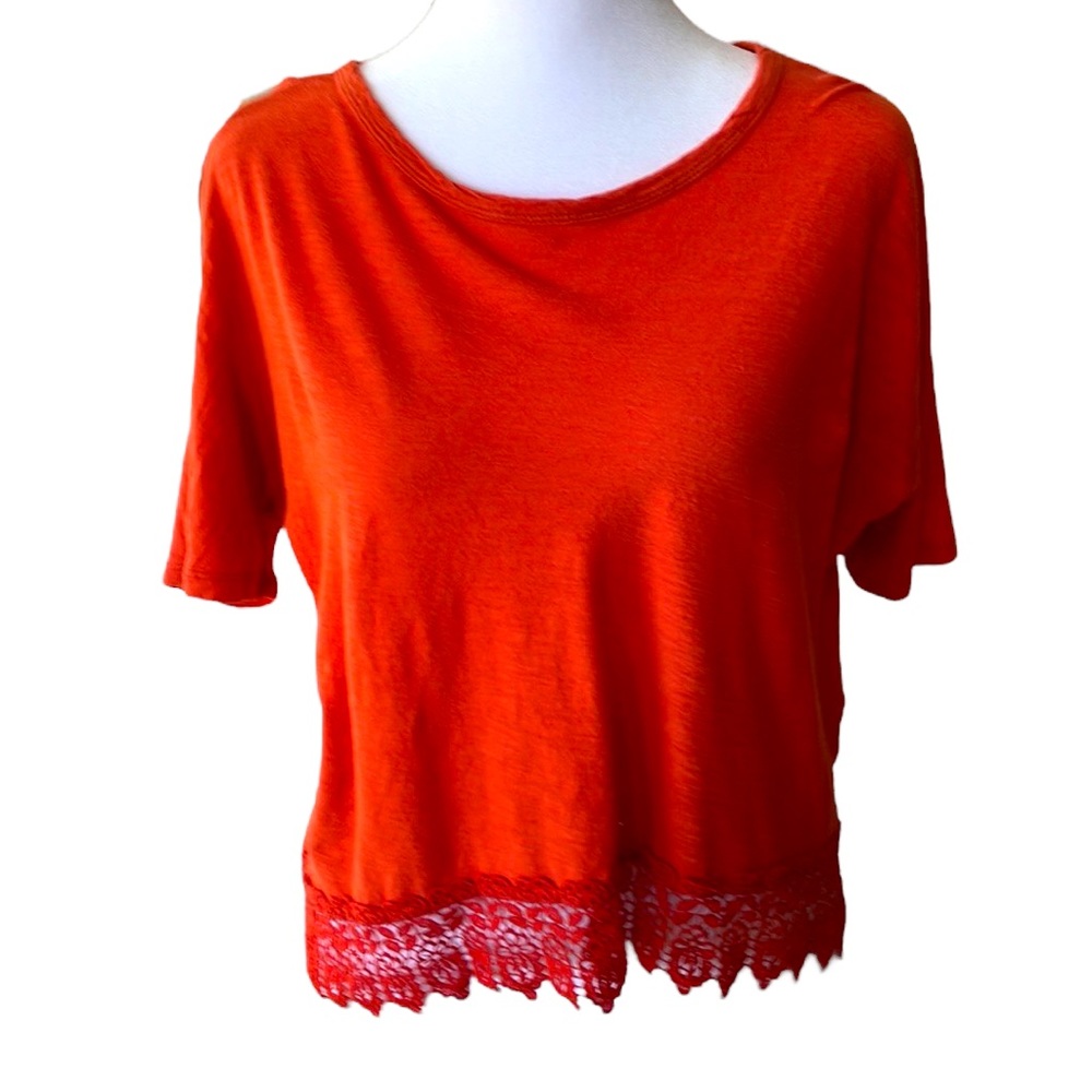 Old Navy Orange Slub Cotton Crop Tee with Lace Hem Size Girls Large
